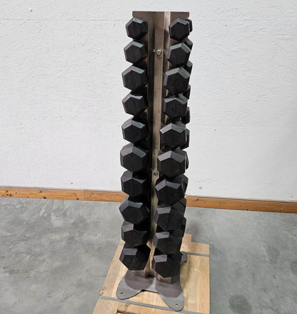 Rubber HEX dumbbell set pairs 1-10 kg, 10 pairs including stand from Gymleco, frame color anthracite, hexagonal dumbbells, used with signs of wear