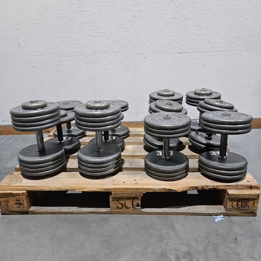 6 Kurzhanteln Paare aus Guss, 340kg gesamt, verschiedene Größen, Casall Sweden, Hammerschlag, gebraucht mit Gebrauchsspuren