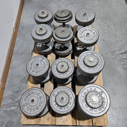 6 Kurzhanteln Paare aus Guss, 340kg gesamt, verschiedene Größen, Casall Sweden, Hammerschlag, gebraucht mit Gebrauchsspuren
