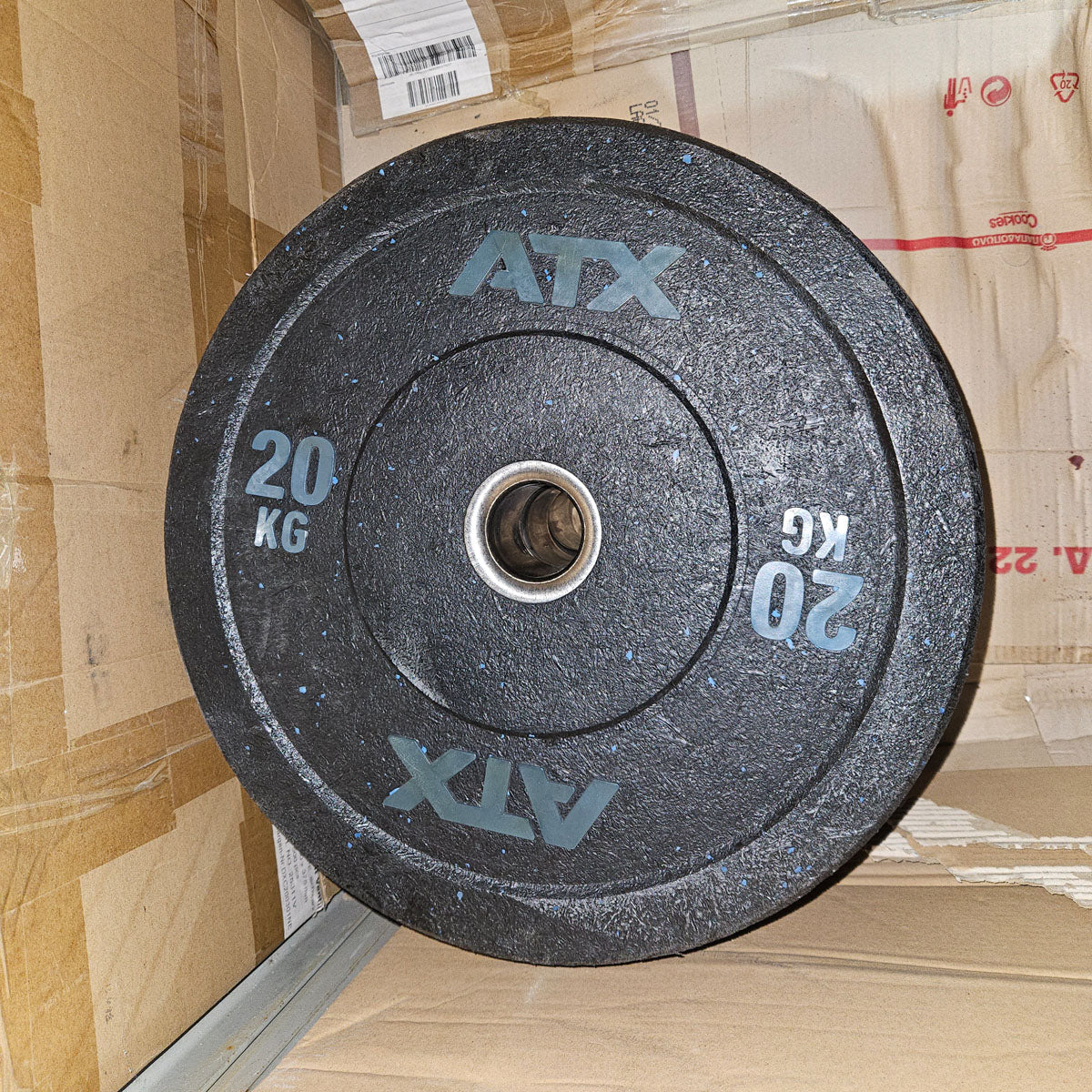 Set 230kg Bumper Plates von ATX - 2x 25kg, 4x 20kg, 4x 15kg, 4x 10kg, Hantelscheiben 50mm Durchmesser aus Granulat gepresst in Schwarz mit bunten Farbflecken, gebraucht - mit Gebrauchsspuren