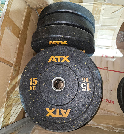 Set 230kg Bumper Plates von ATX - 2x 25kg, 4x 20kg, 4x 15kg, 4x 10kg, Hantelscheiben 50mm Durchmesser aus Granulat gepresst in Schwarz mit bunten Farbflecken, gebraucht - mit Gebrauchsspuren