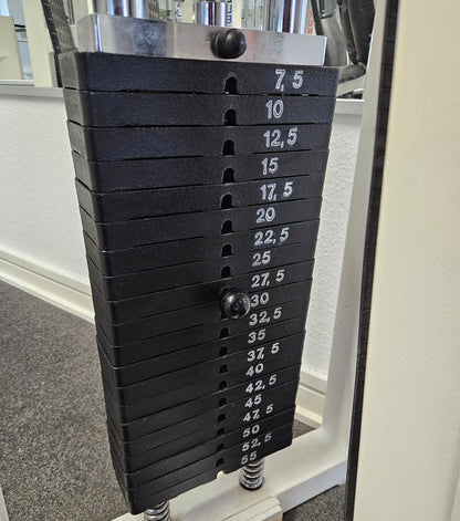 Gym80 Beinbeuger liegend, Leg Curl lying, Oldschool Bodybuilding Kraftgerät - Edition oder Classic Line, Rahmenfarbe Weiß, gebraucht und geprüft mit Gebrauchsspuren