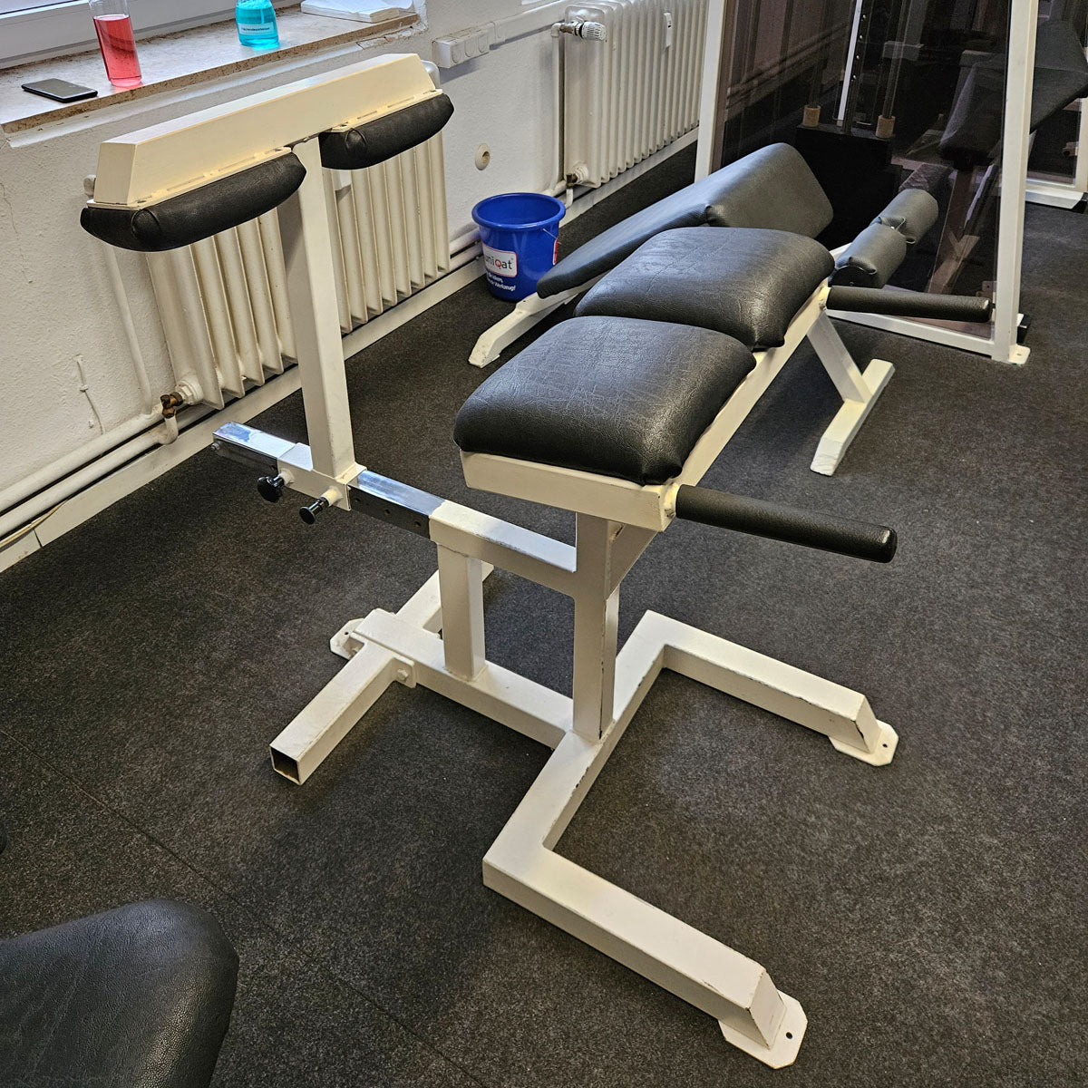 Rückenstreckerbank 90° Hyperextension verstellbar zum training der unteren Rückenmuskulatur, Oldschool Bodybuilding, Rahmenfarbe Weiß, gebraucht und geprüft mit Gebrauchsspuren