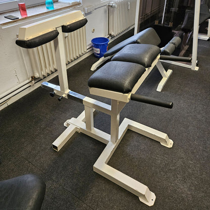 Rückenstreckerbank 90° Hyperextension verstellbar zum training der unteren Rückenmuskulatur, Oldschool Bodybuilding, Rahmenfarbe Weiß, gebraucht und geprüft mit Gebrauchsspuren
