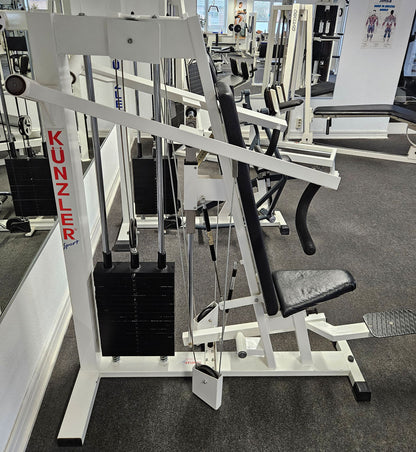Künzler Schulterpresse Bilateral, Overheadpress, Shoulder Press, Einstiegshilfe, Oldschool Bodybuilding Kraftgerät, Rahmenfarbe Weiß, gebraucht und geprüft mit Gebrauchsspuren