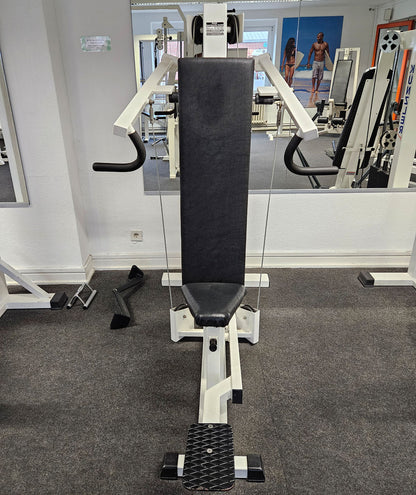 Künzler Schulterpresse Bilateral, Overheadpress, Shoulder Press, Einstiegshilfe, Oldschool Bodybuilding Kraftgerät, Rahmenfarbe Weiß, gebraucht und geprüft mit Gebrauchsspuren