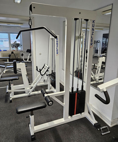 Künzler lat pulldown from above with carabiner, pulldown, old school bodybuilding strength equipment, frame color white, used and tested with signs of wear