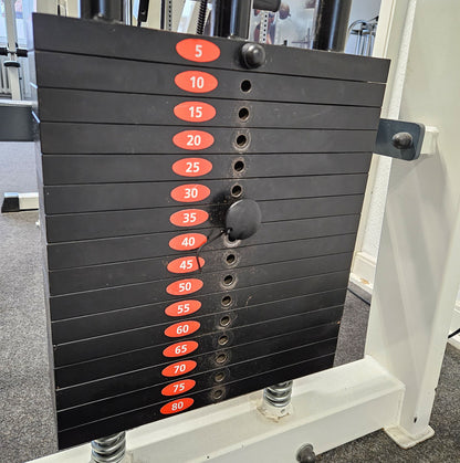 Künzler rowing machine with chest support and entry aid, row, lat rowing, old school bodybuilding strength machine, frame color white, used and tested with signs of wear