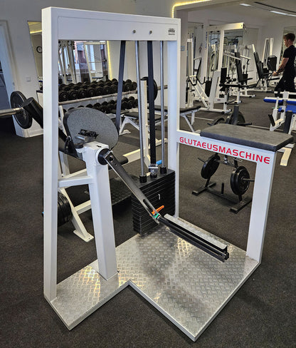 Joschko Pomaschine, Gluteusmaschine stehend, verstellbar, Glute, Rahmenfarbe Weiß, gebraucht - geprüfter Zustand mit kleinen Gebrauchsspuren