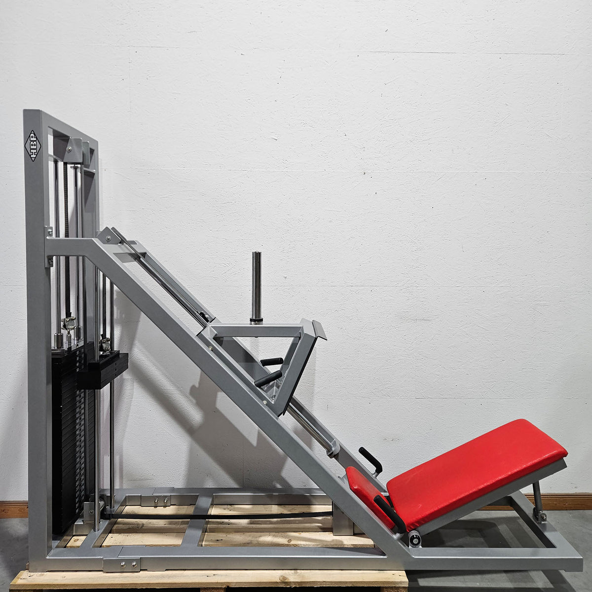 HBP Beinpresse 45° Grad, Leg Press, riesiger 300kg Gewichtsblock + extra Scheibenaufnahme, Bodybuilding Kraftgerät - Rahmenfarbe Silber, gebraucht - geprüfter Zustand