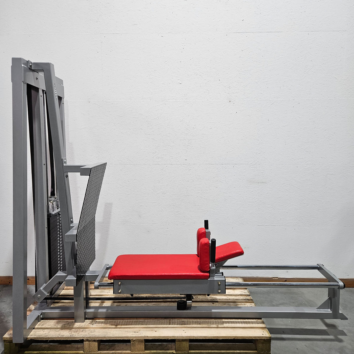 HBP Beinpresse liegend horizontal, Leg Press, großer 240kg Gewichtsblock, Bodybuilding Kraftgerät - Rahmenfarbe Silber, gebraucht - geprüfter Zustand