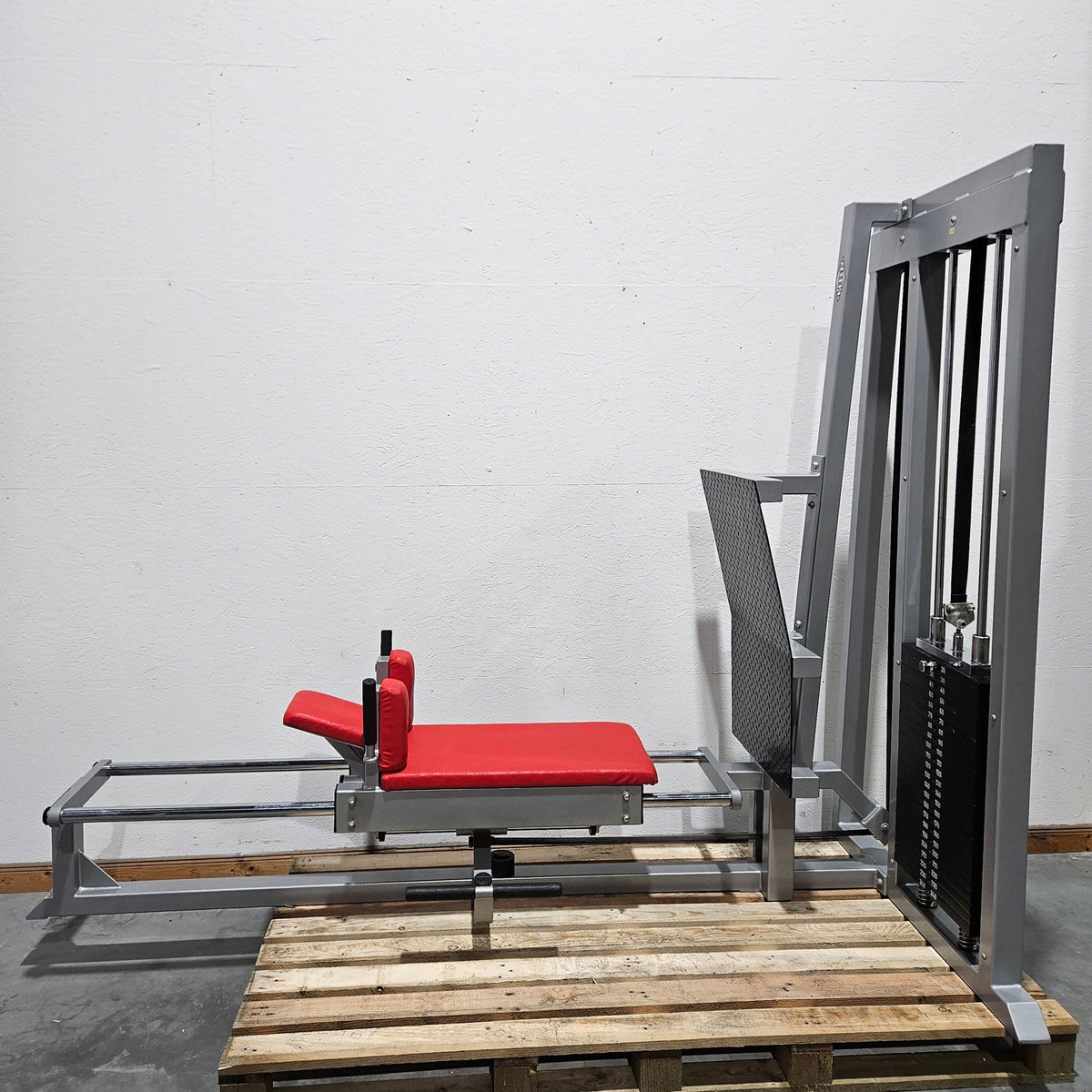 HBP Beinpresse liegend horizontal, Leg Press, großer 240kg Gewichtsblock, Bodybuilding Kraftgerät - Rahmenfarbe Silber, gebraucht - geprüfter Zustand