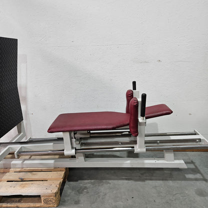 Gym80 Beinpresse liegend, Leg Press lying, 213kg Gewichtsblock, Oldschool Bodybuilding Kraftgerät - Rahmenfarbe Weiß, gebraucht mit Gebrauchsspuren