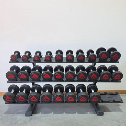 Ziva Kurzhantelsatz aus Urethane 4 bis 30kg in 2kg Stufen ( 14 Paare ) Material ähnlich Gummi bzw PU Polyurethane, INKLUSIVE Precor Kurzhantelablage, gebraucht - mit Gebrauchsspuren