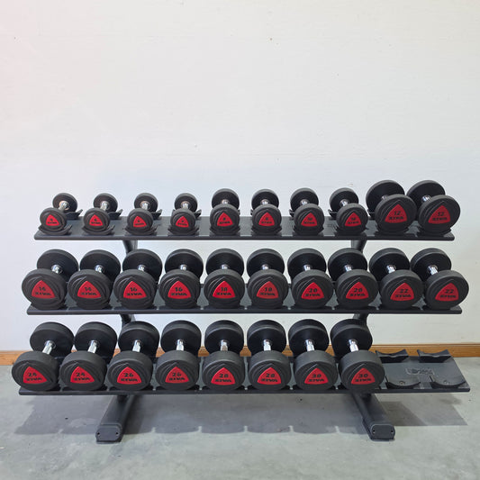 Ziva Kurzhantelsatz aus Urethane 4 bis 30kg in 2kg Stufen ( 14 Paare ) Material ähnlich Gummi bzw PU Polyurethane, INKLUSIVE Precor Kurzhantelablage, gebraucht - mit Gebrauchsspuren