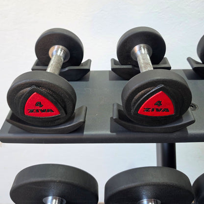 Ziva Kurzhantelsatz aus Urethane 4 bis 30kg in 2kg Stufen ( 14 Paare ) Material ähnlich Gummi bzw PU Polyurethane, INKLUSIVE Precor Kurzhantelablage, gebraucht - mit Gebrauchsspuren