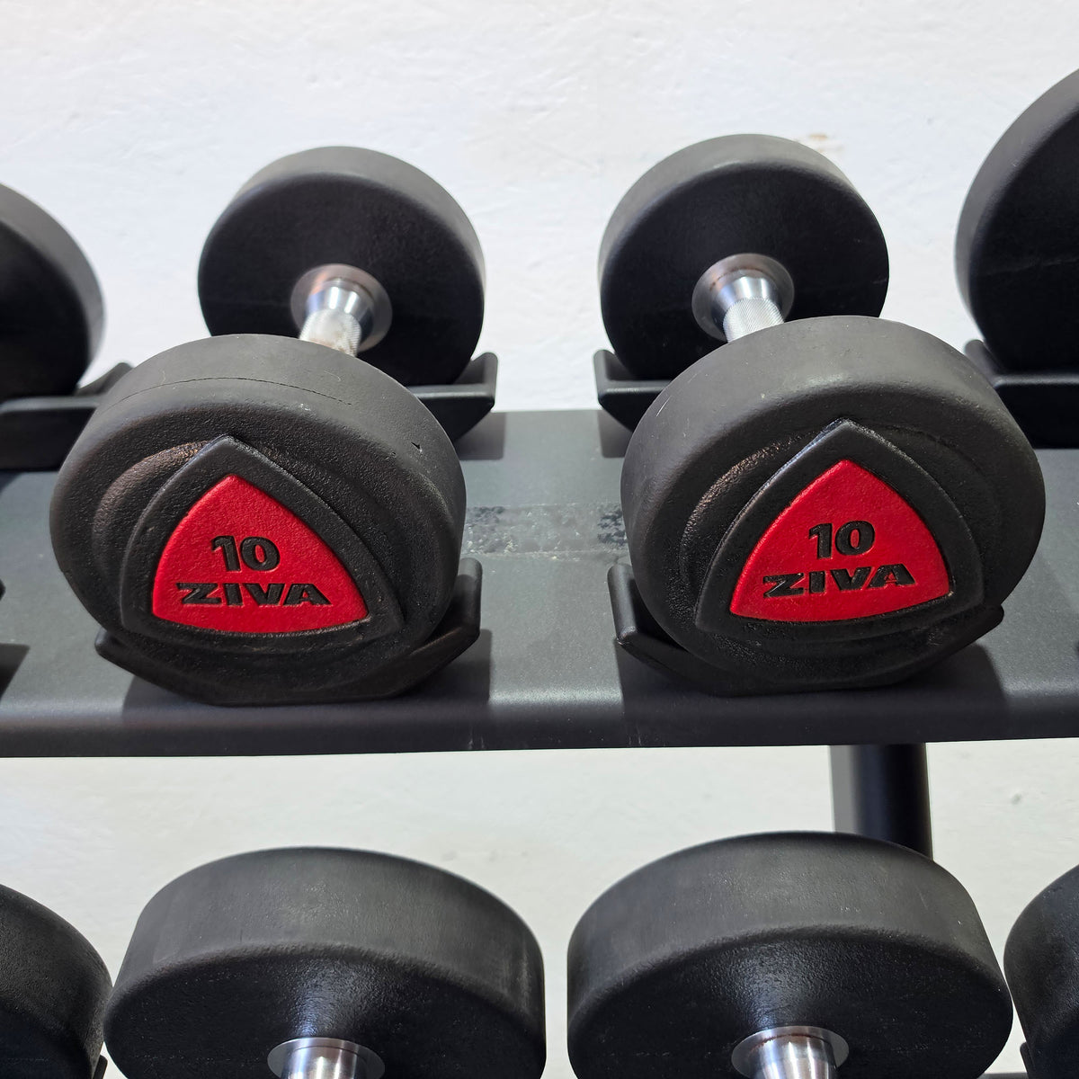 Ziva Kurzhantelsatz aus Urethane 4 bis 30kg in 2kg Stufen ( 14 Paare ) Material ähnlich Gummi bzw PU Polyurethane, INKLUSIVE Precor Kurzhantelablage, gebraucht - mit Gebrauchsspuren