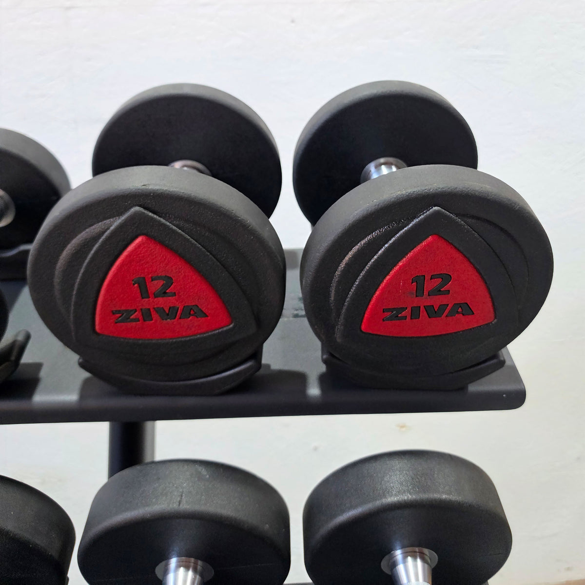 Ziva Kurzhantelsatz aus Urethane 4 bis 30kg in 2kg Stufen ( 14 Paare ) Material ähnlich Gummi bzw PU Polyurethane, INKLUSIVE Precor Kurzhantelablage, gebraucht - mit Gebrauchsspuren