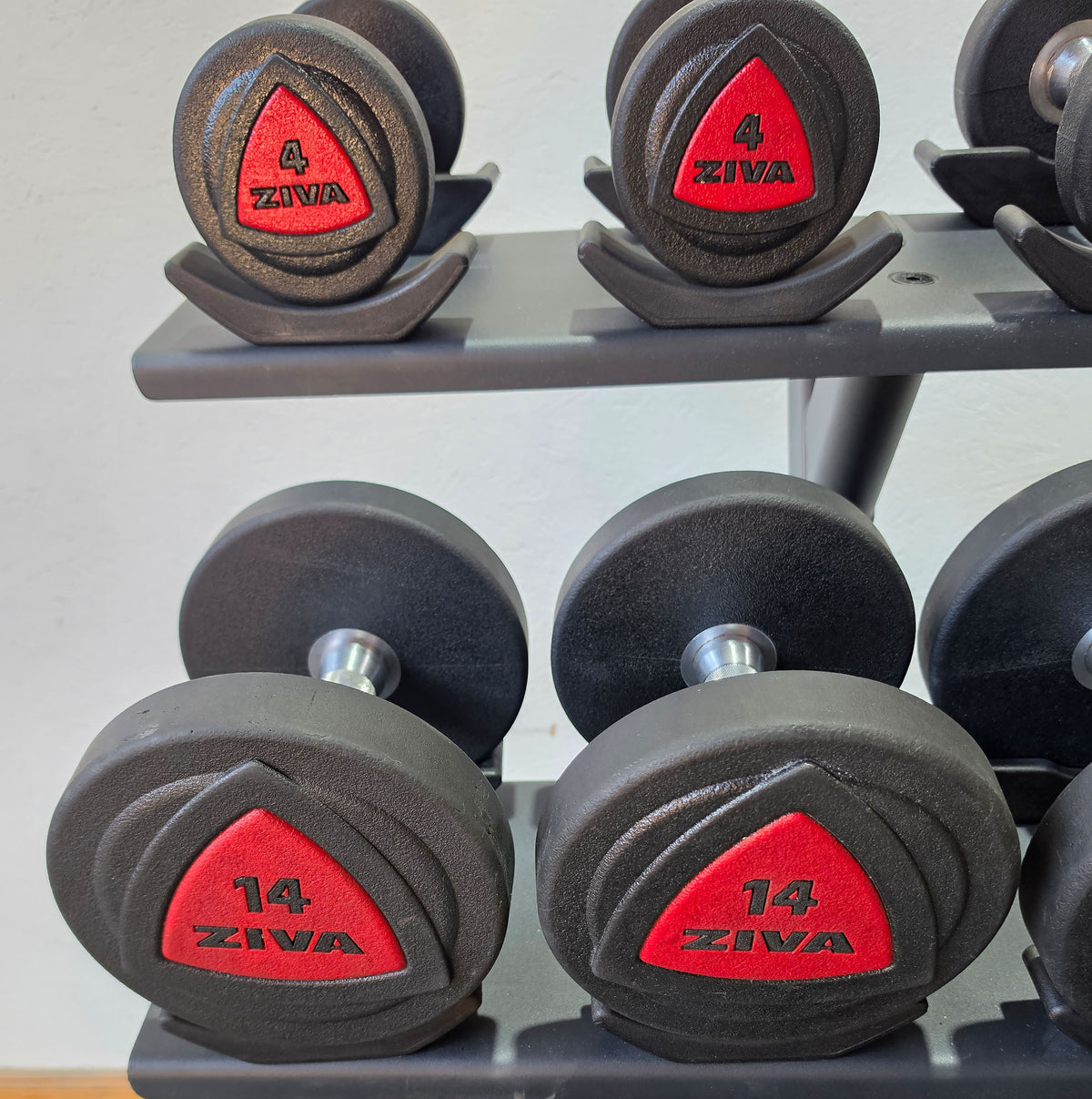 Ziva Kurzhantelsatz aus Urethane 4 bis 30kg in 2kg Stufen ( 14 Paare ) Material ähnlich Gummi bzw PU Polyurethane, INKLUSIVE Precor Kurzhantelablage, gebraucht - mit Gebrauchsspuren