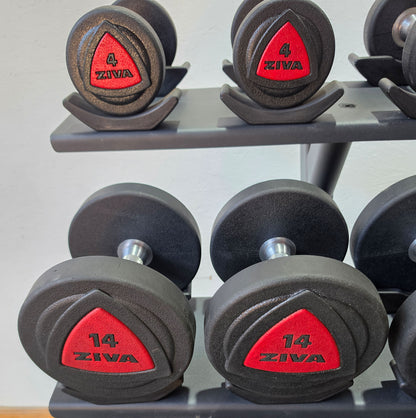 Ziva Kurzhantelsatz aus Urethane 4 bis 30kg in 2kg Stufen ( 14 Paare ) Material ähnlich Gummi bzw PU Polyurethane, INKLUSIVE Precor Kurzhantelablage, gebraucht - mit Gebrauchsspuren
