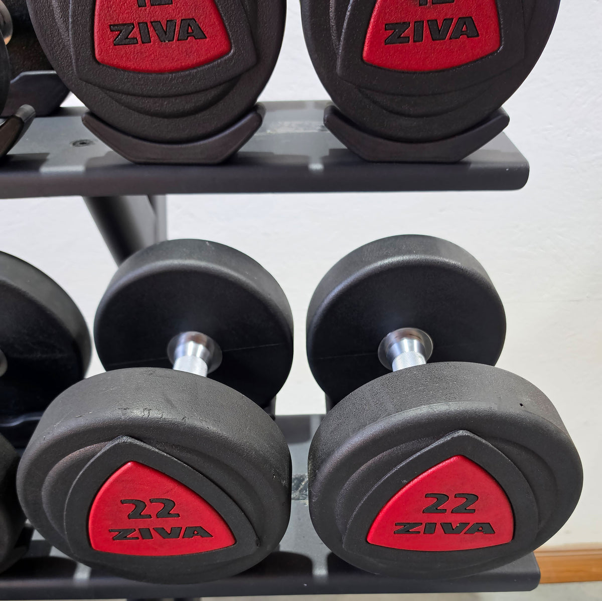 Ziva Kurzhantelsatz aus Urethane 4 bis 30kg in 2kg Stufen ( 14 Paare ) Material ähnlich Gummi bzw PU Polyurethane, INKLUSIVE Precor Kurzhantelablage, gebraucht - mit Gebrauchsspuren