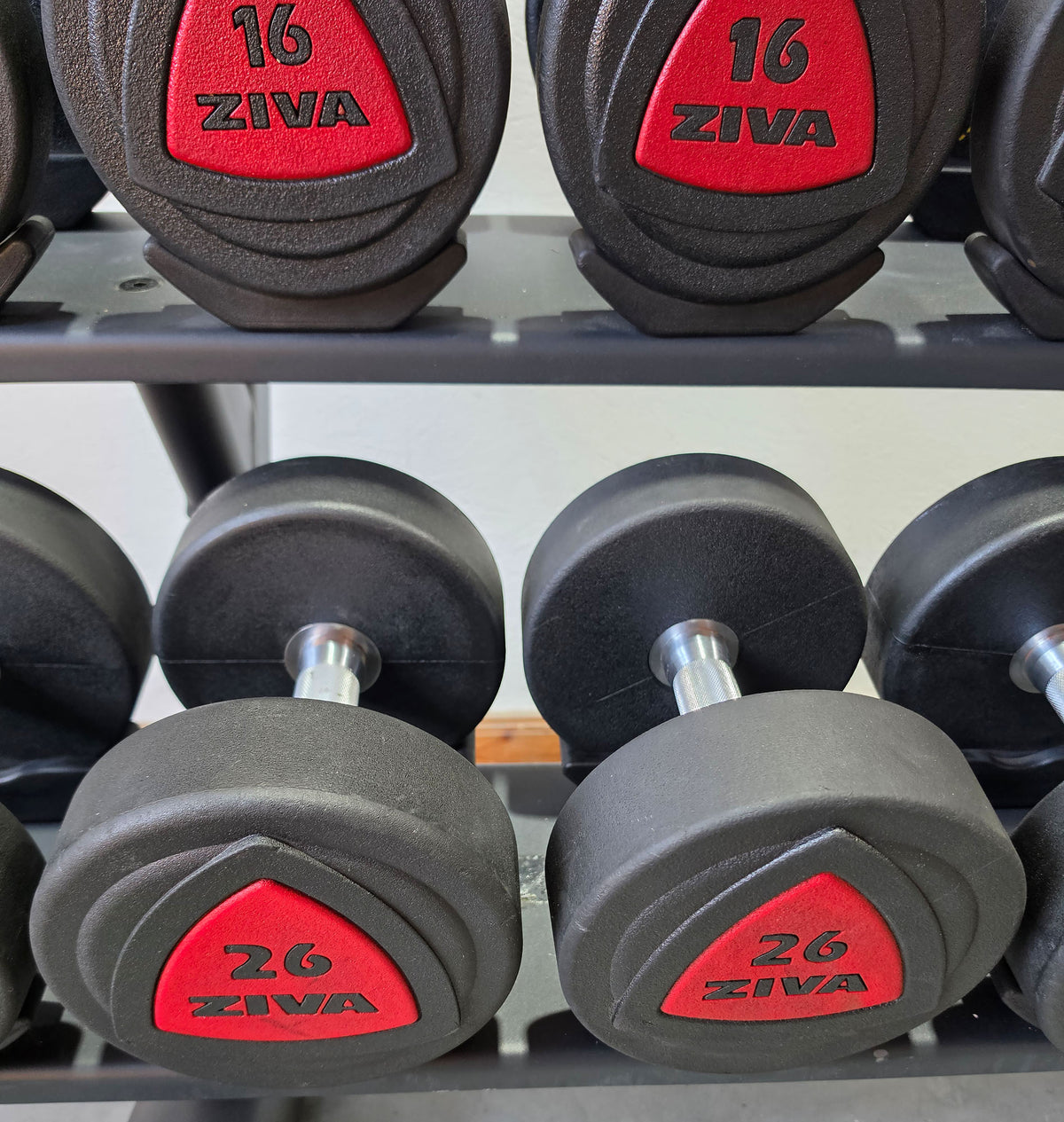 Ziva Kurzhantelsatz aus Urethane 4 bis 30kg in 2kg Stufen ( 14 Paare ) Material ähnlich Gummi bzw PU Polyurethane, INKLUSIVE Precor Kurzhantelablage, gebraucht - mit Gebrauchsspuren