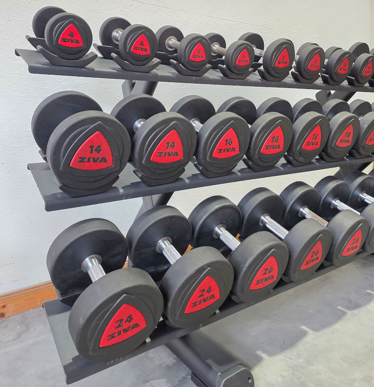 Ziva Kurzhantelsatz aus Urethane 4 bis 30kg in 2kg Stufen ( 14 Paare ) Material ähnlich Gummi bzw PU Polyurethane, INKLUSIVE Precor Kurzhantelablage, gebraucht - mit Gebrauchsspuren