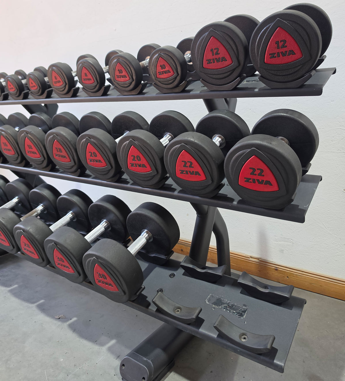 Ziva Kurzhantelsatz aus Urethane 4 bis 30kg in 2kg Stufen ( 14 Paare ) Material ähnlich Gummi bzw PU Polyurethane, INKLUSIVE Precor Kurzhantelablage, gebraucht - mit Gebrauchsspuren