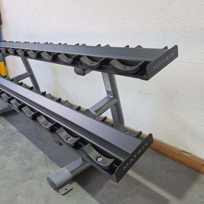 Matrix dumbbell rack for 10 pairs, Magnum 10-Pair Pro-Style Dumbbell Rack MG-A510, with cradles, silver color, used - good, tested condition