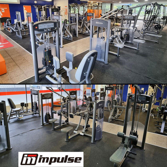 Impulse Fitness - 66 Fitnessgeräte Set - Erst 3 Jahre alt, Kraftgeräte, Cardiogeräte, Plate loaded Geräte, Bänke, Racks etc - komplettes Fitnessstudio - gebraucht - TOP Zustand