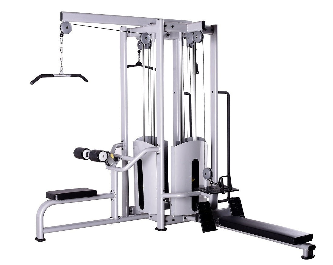 DankSport 4 Stationenturm, 4 Stack Multi Station Tower, 1x Latzug, 1x Rudern, 1x Seilzug von Oben, 1x Kabelzug höhenverstellbar - 120 und 100kg Gewichtsblöcke - Silber und Schwarz - NEU