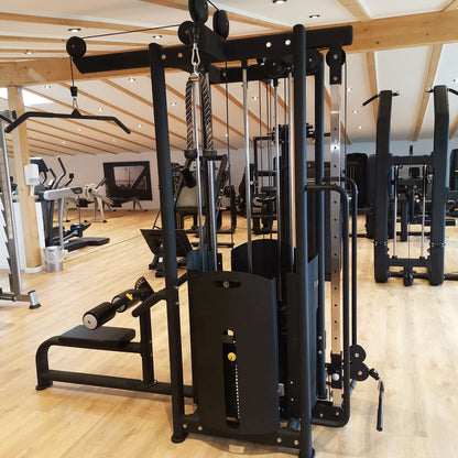 DankSport 4 Stationenturm, 4 Stack Multi Station Tower, 1x Latzug, 1x Rudern, 1x Seilzug von Oben, 1x Kabelzug höhenverstellbar - 120 und 100kg Gewichtsblöcke - Silber und Schwarz - NEU