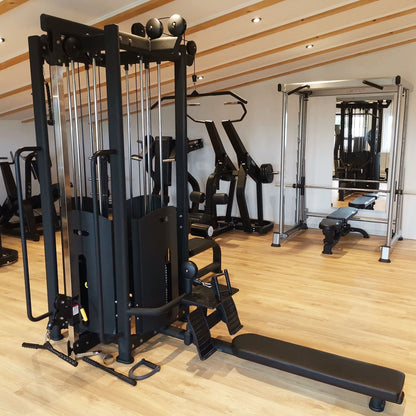 DankSport 4 Stationenturm, 4 Stack Multi Station Tower, 1x Latzug, 1x Rudern, 1x Seilzug von Oben, 1x Kabelzug höhenverstellbar - 120 und 100kg Gewichtsblöcke - Silber und Schwarz - NEU