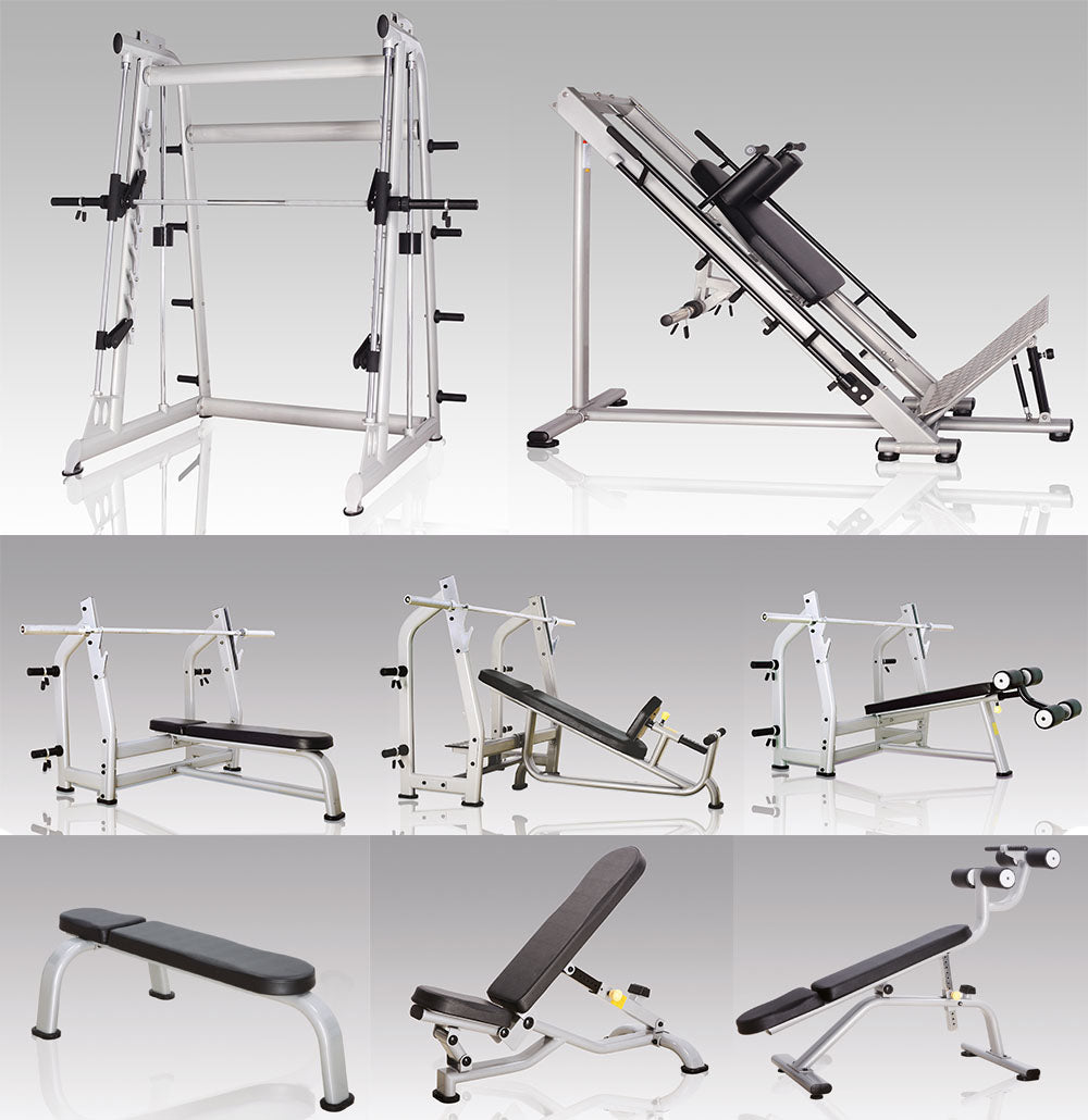 Complete gym equipment - equipment park with over 45 strength training machines - Danksport S-Line set with 45 fitness machines &amp; accessories, exhibition equipment comparable to Gym80, Nautilus, Star Trac or TechnoGym