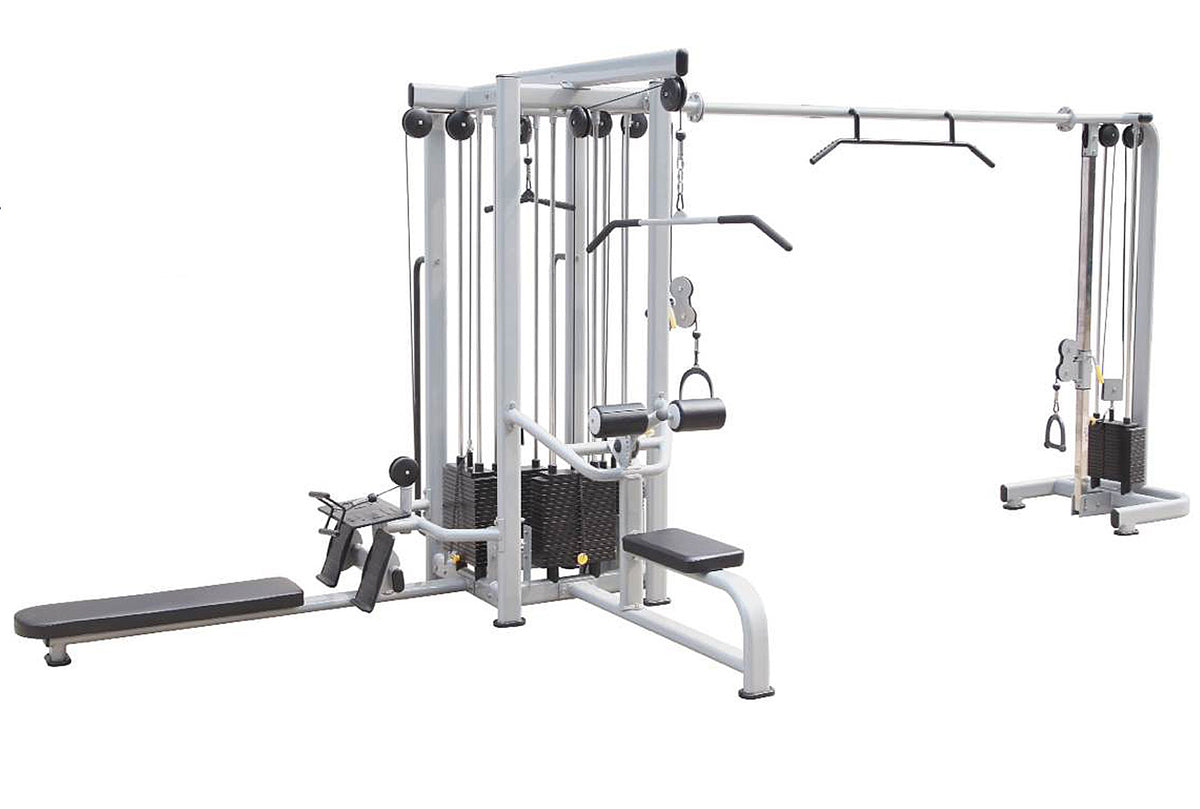 DankSport 5 Stationenturm, 5 Stack Multi Station Tower, 1x Latzug, 1x Rudern, 1x Seilzug von Oben, 2x Kabelzug höhenverstellbar = Cable Crossover - 120 und 100kg Gewichtsblöcke - Silber und Schwarz - NEU