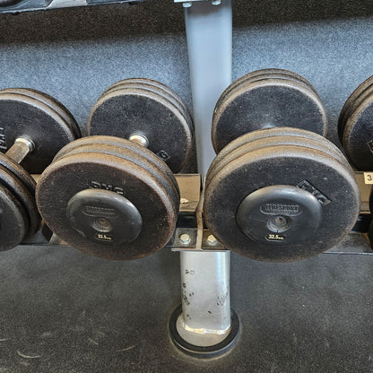ElbeSport cast iron dumbbell set from 2.5 to 60 kg in 2.5 kg increments (24 pairs) Oldschool, INCLUDING dumbbell racks, used - with signs of wear