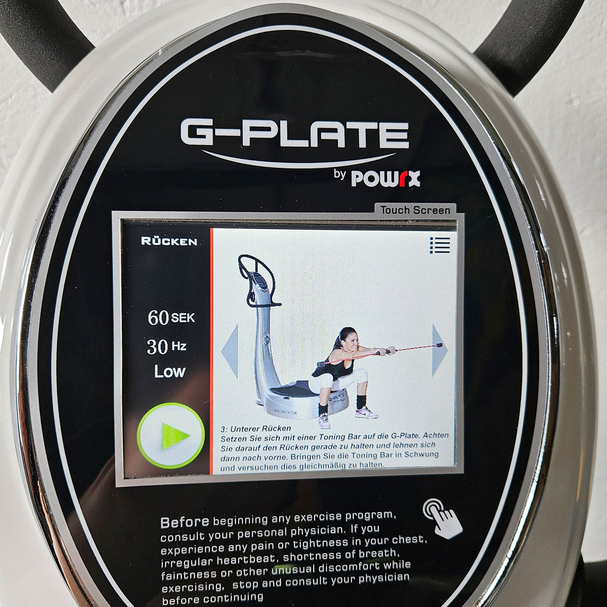 G-Plate by POWRX, vibration plate with air suspension, touchscreen display, color white, used - tested condition