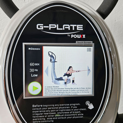 G-Plate by POWRX, vibration plate with air suspension, touchscreen display, color white, used - tested condition