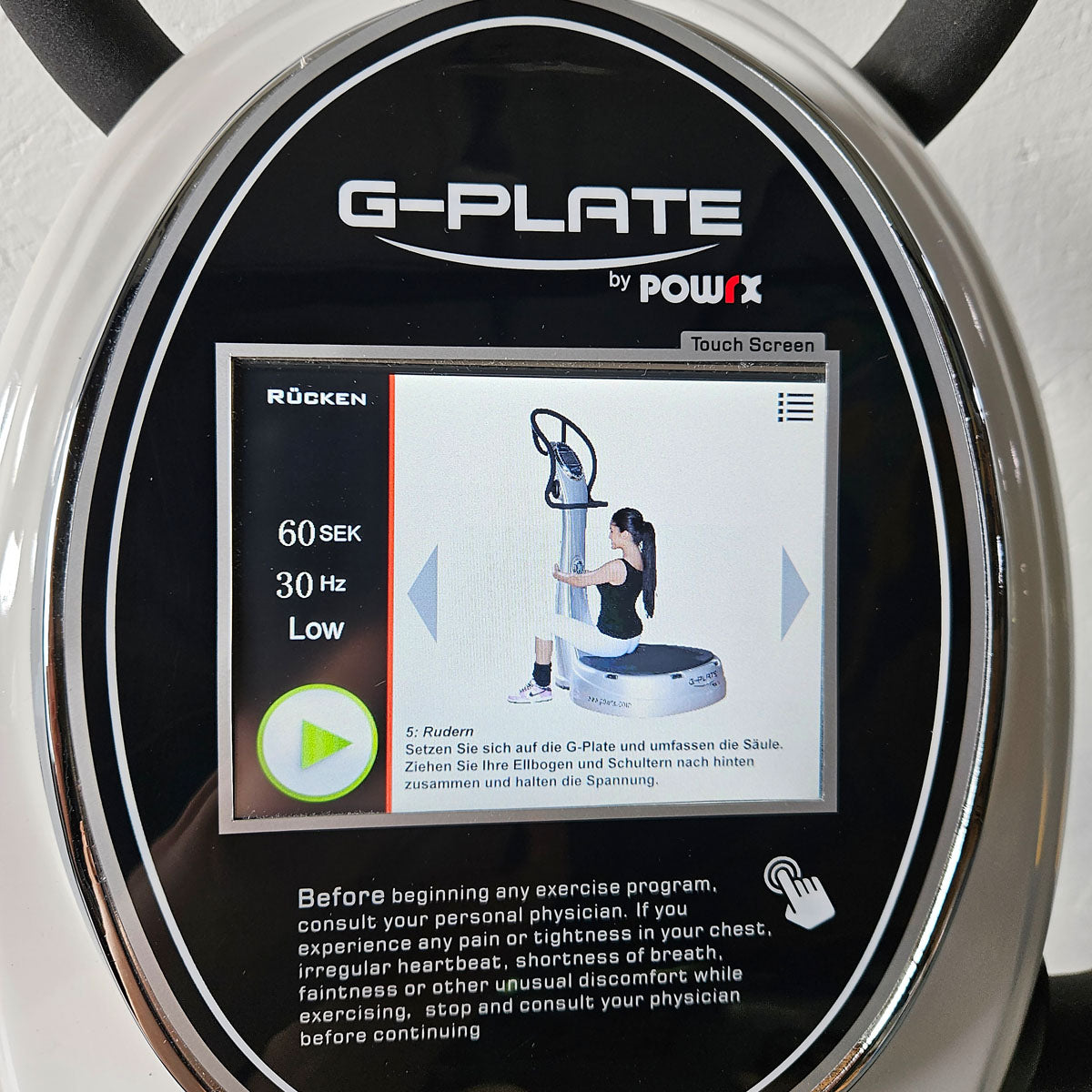 G-Plate by POWRX, vibration plate with air suspension, touchscreen display, color white, used - tested condition