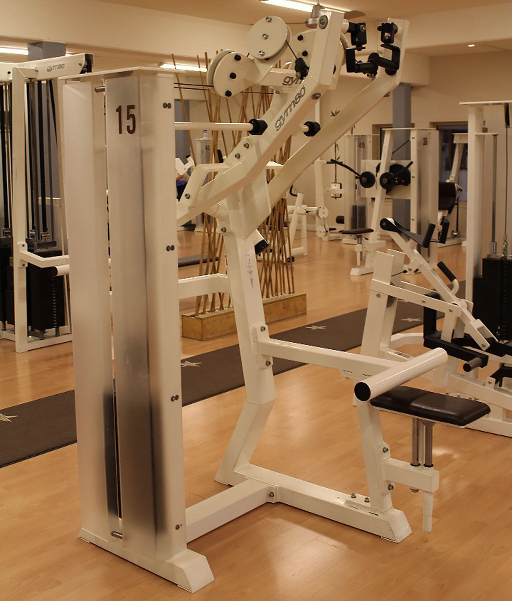 Gym80 Lat Pulldown Dual, Bilateral Back Pulldown Machine, Edition Line, White Frame, Dark Brown Upholstery, Used - Refurbished Condition