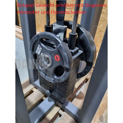 Competition Line 4 Stationenturm, 4 Stack Multi Station, Rudern, Latzug und 2 Seilzüge, Oldschool Bodybuilding, Rahmenfarbe Weiß, gebraucht - geprüfter Zustand mit Gebrauchsspuren