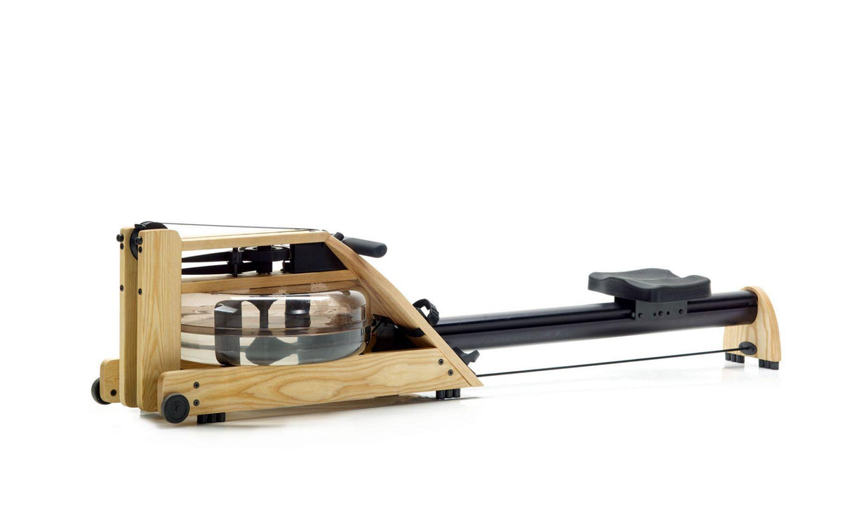 Rudergerät aus Holz mit Wassertank, seitliche Ansicht.