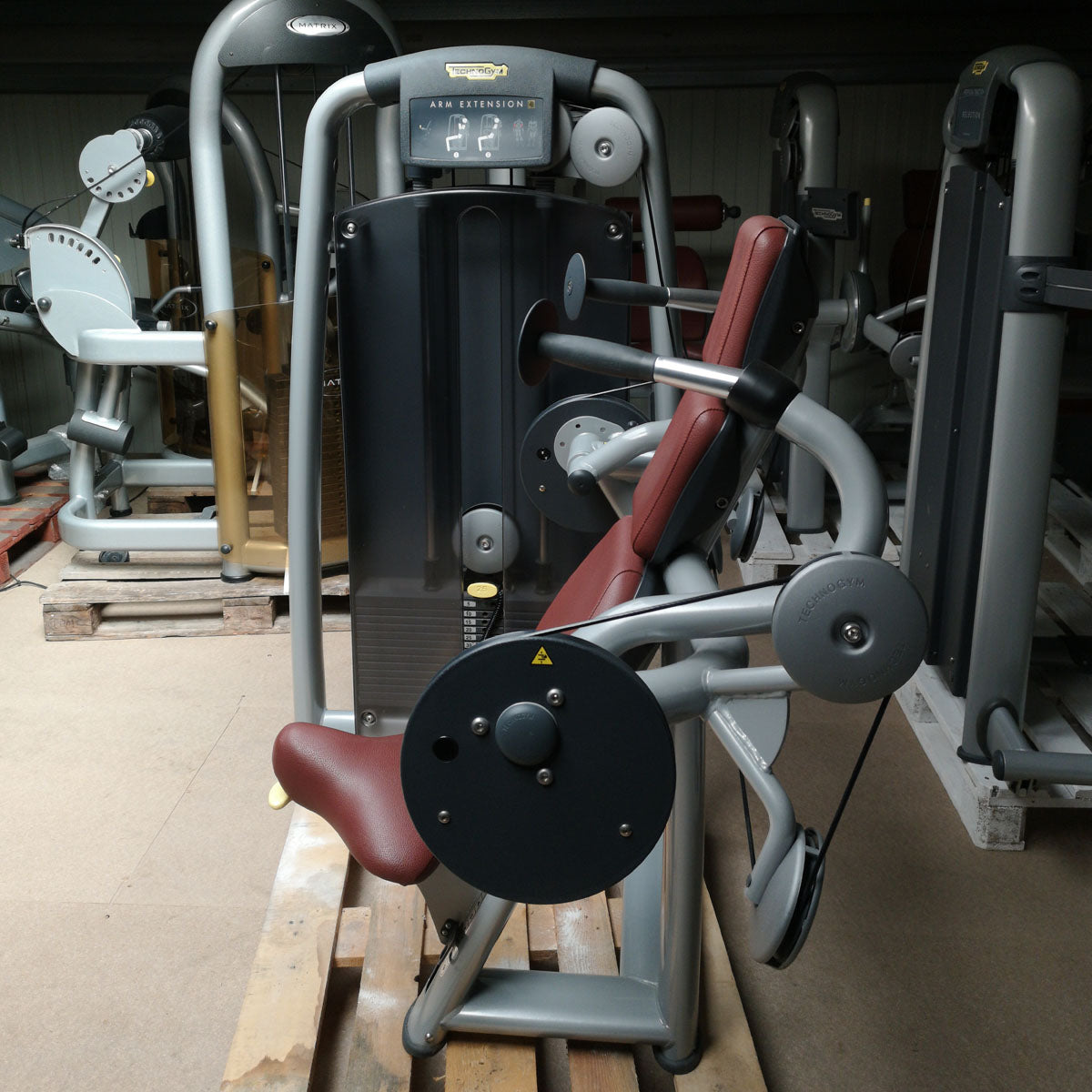 TechnoGym Triceps Machine, Arm Extension, Selection Line - New model with plastic cover, brown upholstery, used - refurbished condition