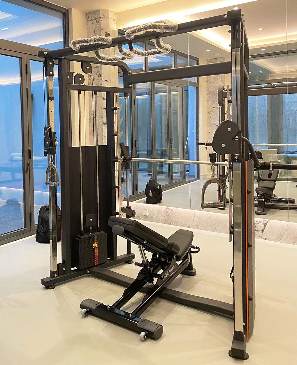DankSport Enger Doppel Kabelzug höhenverstellbar und Multipresse geführt - 2 in 1 Kombigerät - Dual adjustable Cable Pulley and Smith Machine - 2x 100kg Gewichtsblöcke - Silber - NEU