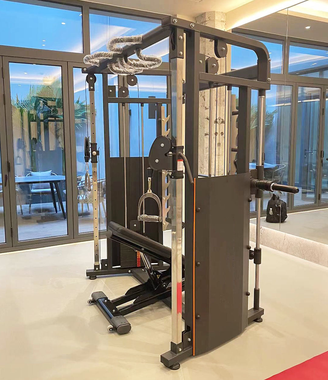 DankSport Enger Doppel Kabelzug höhenverstellbar und Multipresse geführt - 2 in 1 Kombigerät - Dual adjustable Cable Pulley and Smith Machine - 2x 100kg Gewichtsblöcke - Silber - NEU