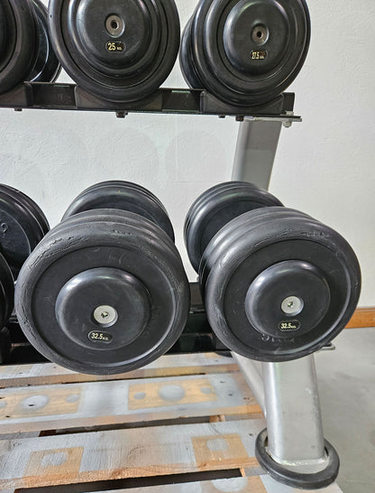 5 Paare Kurzhanteln aus Gummi, 22,5kg, 25kg, 27,5kg, 30kg und 32,5kg - Gummierte Kompakthanteln, inklusive Ständer, gebraucht - mit Gebrauchsspuren