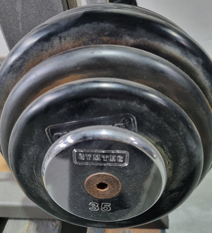 Barbell compact set 12.5 kg to 35 kg in 2.5 kg increments, 10 pieces in total, similar to SZ barbells, including stand from Gymleco, stand color silver, used