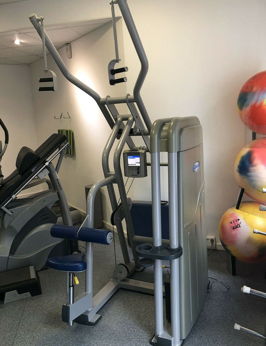 Ergo-Fit Latzugmaschine von oben, Pulldown, Lat Pull 4000 Serie, drehbare Griffe, Polster Blau, gebrauchter - überholter Zustand