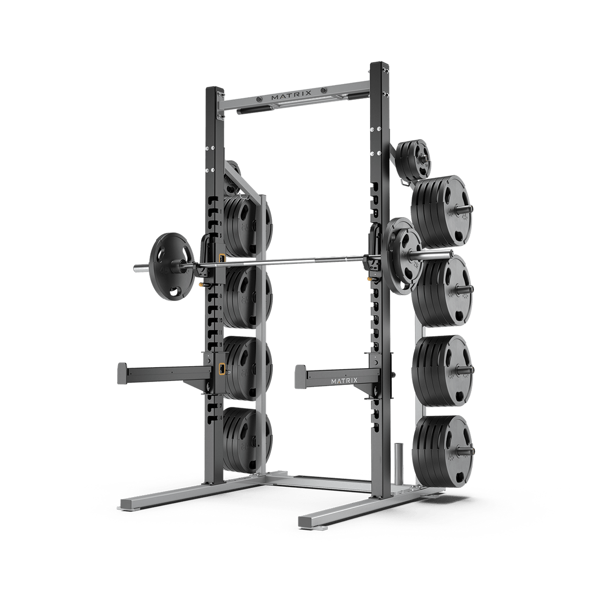 Matrix Magnum Half Rack MG-A690 mit J-Hooks und Klimmzugstange, Rahmenfarbe Silber und Schwarz, gebraucht - geprüfter Zustand
