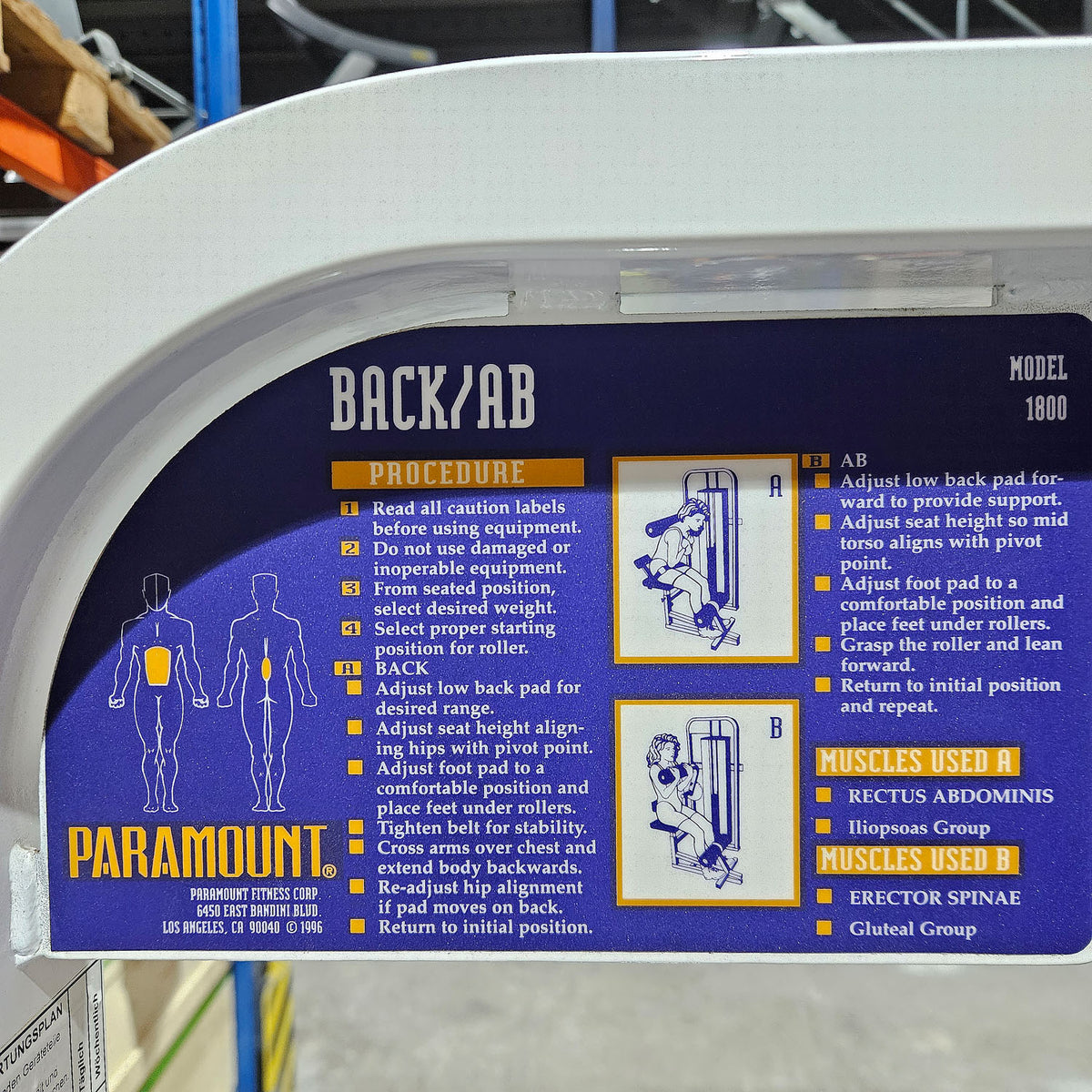 Paramount Back-Ab Model 1800 - Bauchmaschine und Rückenstrecker 2 in 1 Kombimaschine, Lower back and Abdominal, Made in USA, Farbe Weiß, gebraucht - geprüfter Zustand